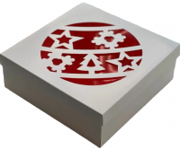 Коробка под ассорти сладостей с красным окном (Новогодний шар белая) 200х200х55 мм