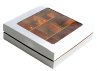 Коробка для конфет на 9 шт ЛЮКС с окном (белая/золото) 160х160х45 мм