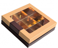 Коробка для конфет на 9 шт ЛЮКС с окном (шоколадно-бежевая/золото) 160х160х45 мм