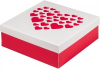 Коробка для зефира, тортов и пирожных с крышкой (бело-красная с сердечками) 200х200х70 мм