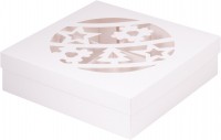 Коробка для зефира, тортов и пирожных с прозрачным окном (Новогодний шар белая) 200х200х70 мм