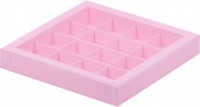 Коробка для конфет на 16 шт с пластиковой крышкой (розовая) 200х200х30 мм