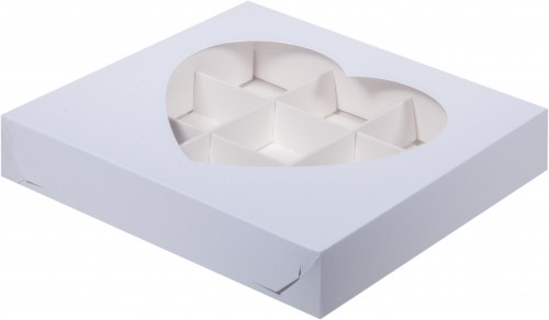 Коробка для конфет на 9 шт с окном сердце (белая) 155х155х30 мм