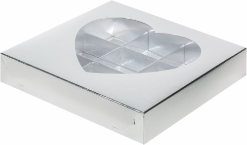 Коробка для конфет на 9 шт с окном сердце (серебро) 160х160х30 мм