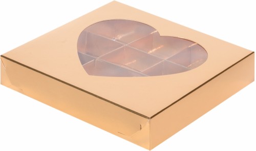 Коробка для конфет на 9шт с окном сердце (золото) 155/155/30мм