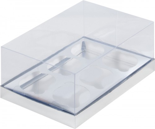 Коробка для капкейков на 6 шт ПРЕМИУМ с пластиковой крышкой (серебро) 235х160х100 мм