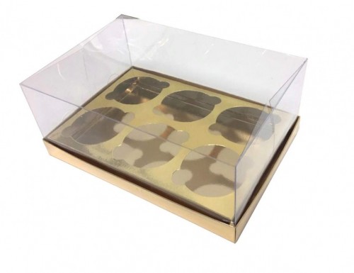Коробка для капкейков на 6 шт ПРЕМИУМ с пластиковой крышкой  (золото) 235х160х100 мм
