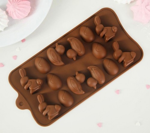 Форма для шоколада силикон "Зайцы, утки и яйца" 14 ячеек 22х10,2х1,4 см