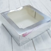 Коробка для зефира и печенья с окном (серебро) 200х200х70 мм