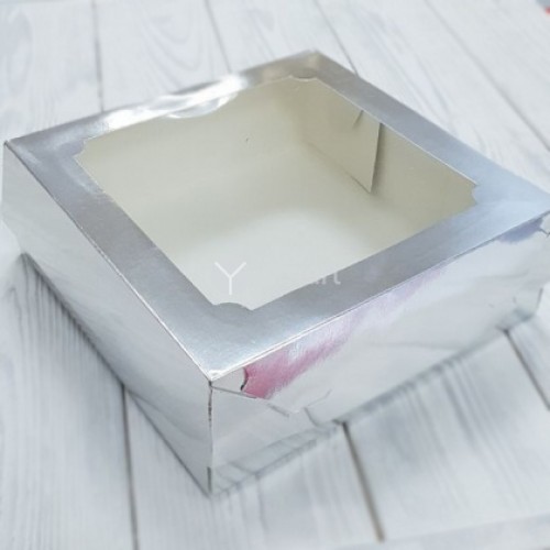 Коробка для зефира и печенья 200х200х70 мм с окном (серебро) 