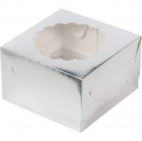Коробка для капкейков на 4 шт с окном (серебро) 160х160х100 мм